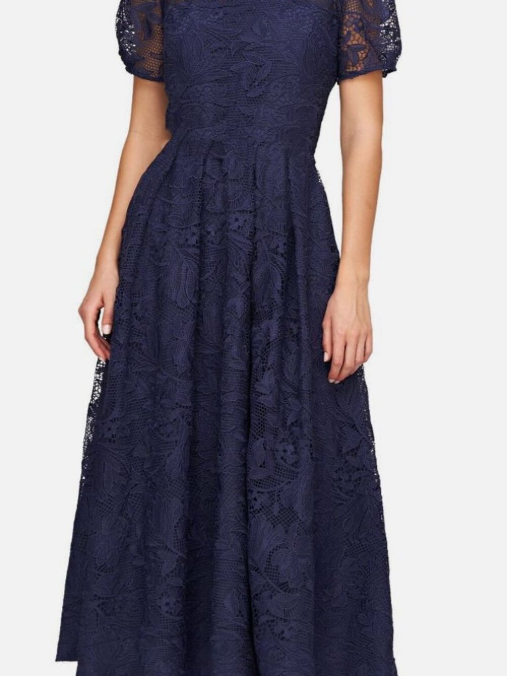 Kay Unger Women's Blue Haisley Lined Floral Lace Fit & Flare MIDI Dress Size 6